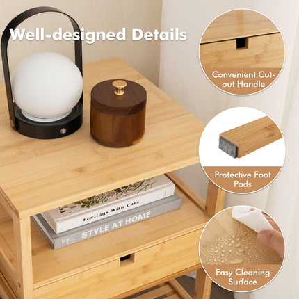 Dreamade Nightstand Set of 1/2, Bamboo End Table with Drawer and 2 Open Shelves