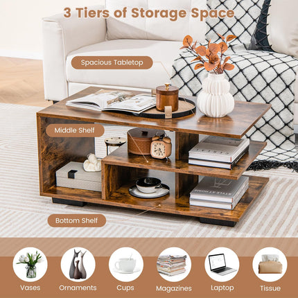 Dreamade Coffee Table with Storage, Modern Rectangular Accent Table with L-shaped Middle Shelf