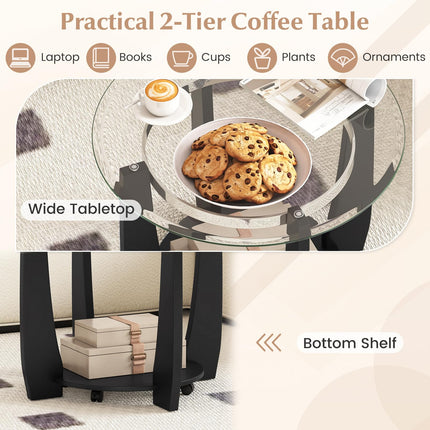 Dreamade Round Glass Coffee Table 32" Rolling Center Tables with Wheels