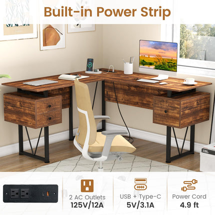 Dreamade L Shaped Desk with Drawers, 59” Large Computer Desk with Power Outlet