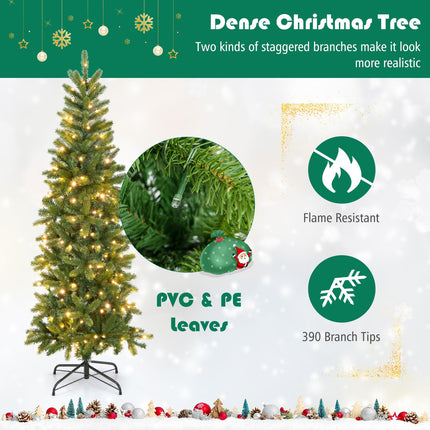 Dreamade 5ft Pre-Lit Pencil Christmas Tree, Hinged Artificial Slim Tree with 390 PVC PE Branch Tips