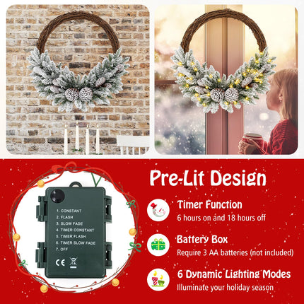Dreamade 24” Pre-Lit Artificial Christmas Wreath, Snow Flocked Xmas Wreath with 35 Battery Operated Warm White LED Lights