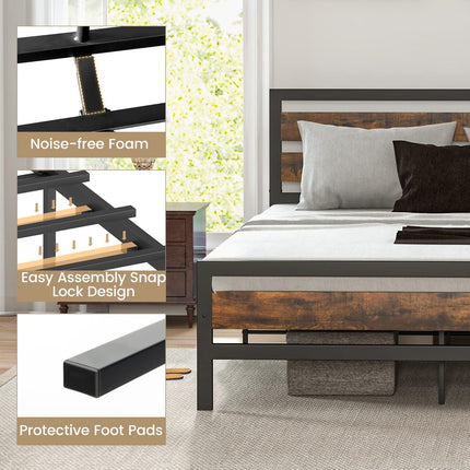 Dreamade Queen Metal Platform Bed Frame with Wooden Headboard & Footboard, Rustic Brown