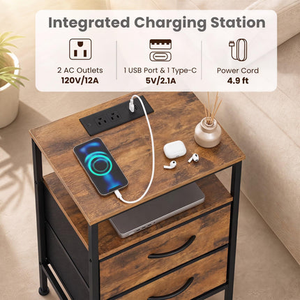 Dreamade 24.5" Nightstand with Charging Station & 2 Fabric Drawer (1/2)