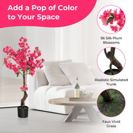 Dreamade 41” Artificial Plum Blossom Tree, Fake Floral Plant with 92 Flowers & Realistic Trunk in Plastic Nursery Pot