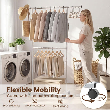 Dreamade Extendable Double-Rod Rolling Clothing Rack for Hanging Clothes