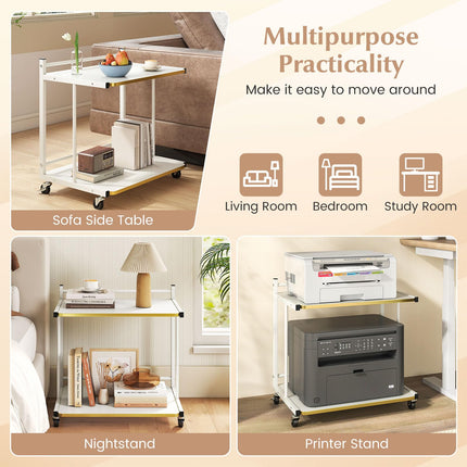 Dreamade Mobile C-Shaped End Table - 2-Tier Sofa Couch Bed Side Table w/Open Storage Shelves & Golden Edge Banding