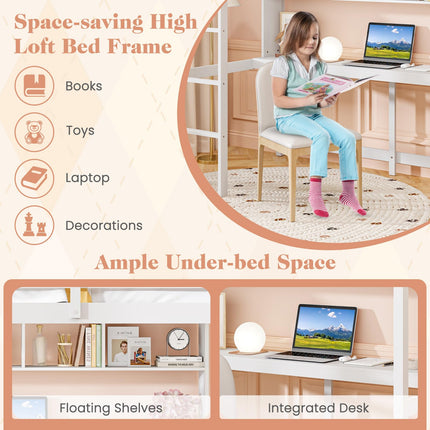 Dreamade Solid Wood Twin Loft Bed with Desk and Bookcase