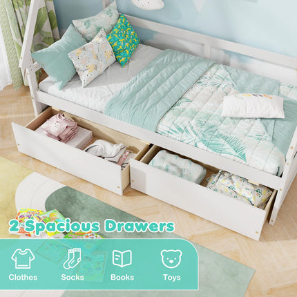 Dreamade Twin Bed with 2 Storage Drawers, Wood Montessori House Tent Bed Frame with Safety Guardrail