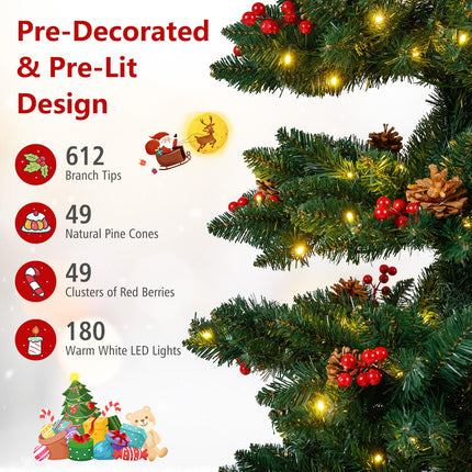 Dreamade 6FT / 7FT Pre-Lit Spiral Christmas Tree with Branch Tips Pine Cones Red Berries