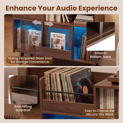 Dreamade Record Player Stand with LED Light and Power Outlets Large Turntable Stand with Sliding Door