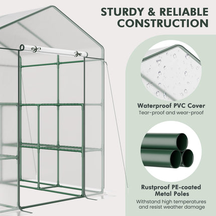 Dreamade Walk-in Greenhouse w/ 3 Tiers 4 Shelves, 4 Ground Stakes & Ropes, PVC Cover