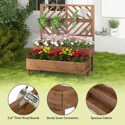 Dreamade Raised Garden Bed with Trellis, 2-Tier Wooden Planter Box with Legs and Drain Holes (Brown)