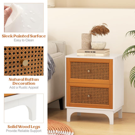 Dreamade Rattan Nightstand with Drawers, Natural Rattan End Table, Cane Accent Bedside Table with Solid Wood Legs for Bedroom