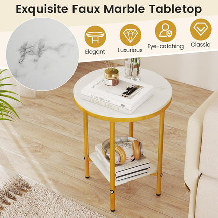 Dreamade Round Side Table 2-Tier Faux Marble Sofa Side Coffee Table w/Gold Frame & Open Shelf