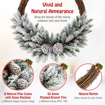 Dreamade 24” Pre-Lit Artificial Christmas Wreath, Snow Flocked Xmas Wreath with 35 Battery Operated Warm White LED Lights