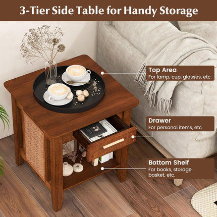 Dreamade Rattan Nightstand with Drawer, Mid Century End Table with Storage Shelf, Sofa Side Table with Solid Rubber Wood Legs