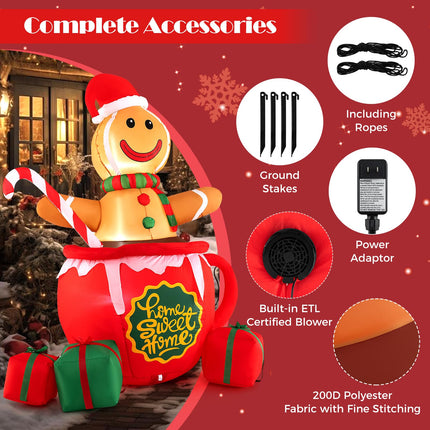 Dreamade 7 Ft Christmas Inflatable, Blow up Pre-Lit Gingerbread Man in Mug with Gift Boxes & Candy Cane