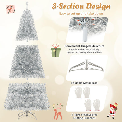 Dreamade 6ft Pre-lit Silver Pencil Christmas Tree, Artificial Tinsel Electroplated Tree, Decor for Home