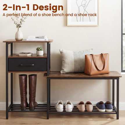 Dreamade 3-Tier Industrial Shoe Storage Bench with Drawer & Metal Frame