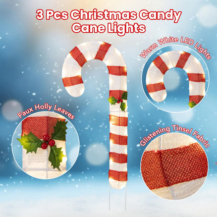 Dreamade Lighted Candy Canes, Set of 3 Christmas Tinsel Candy Cane Decoration with 75 Warm White LED Lights