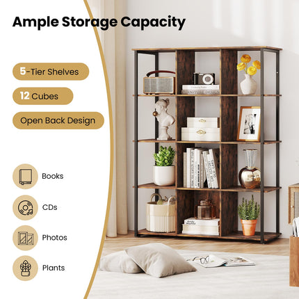 Dreamade 12 Cube Bookcase 5 Tier Industrial Bookshelf
