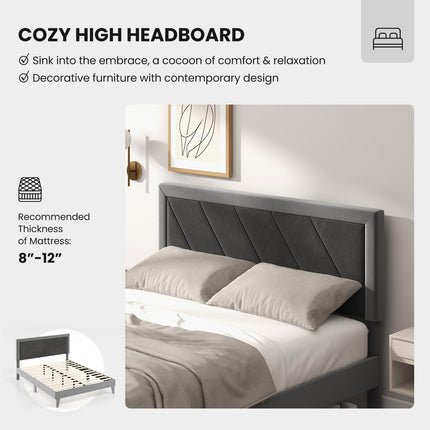 Dreamade Full Size Velvet Bed Frame with Headboard, Modern Upholstered Platform Bed, No Box Spring Needed, Black & Gray