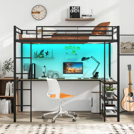 Dreamade Twin Loft Bed with L-Shaped Desk, Metal Loft Bed Frame with LED Lights