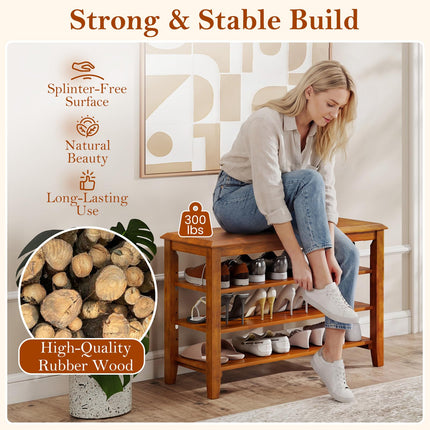 Dreamade 4-Tier Rubber Wood Shoe Rack Bench with Adjustable Shelves