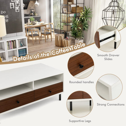 Dreamade Rectangular Coffee Table with Storage, 2 Tier Wood Tea Table with 2 Drawers