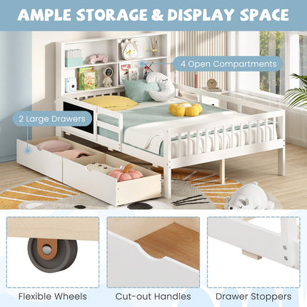 Dreamade Full/Twin Size 2 Storage Drawers, Solid Wood Kids Bed Frame w/Bookcase Headboard & Blackboard