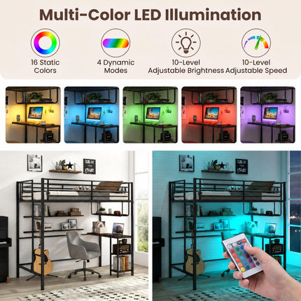 Dreamade Twin Loft Bed with Desk LED Lights & Charging Station