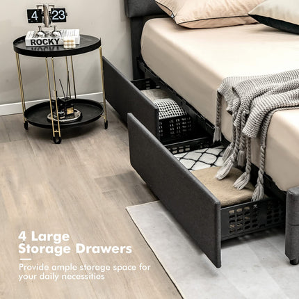 Dreamade Queen Bed Frame with LED Lights and 4 Drawers, Upholstered Platform Bed Frame with USB Ports