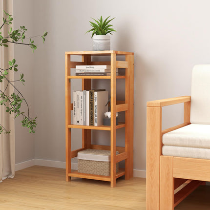 Dreamade 4-Tier Bookshelf, 34.5" Floor Storage Shelf w/Rubber Wood Frame, Anti-Toppling Kits, 14" x 13" x 34.5"
