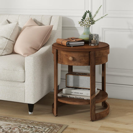 Dreamade Round Side Tables Set of 1/2 | 2-Tier Retro End Tables with Drawer & Shelf