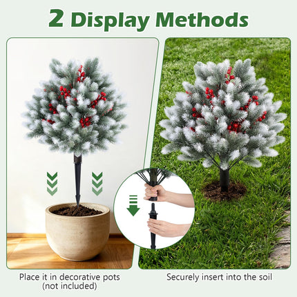 Dreamade 27.5" Faux Pine Needle Bushes with Ground Spikes | Artificial Cedar Topiary Ball Trees Set of 2