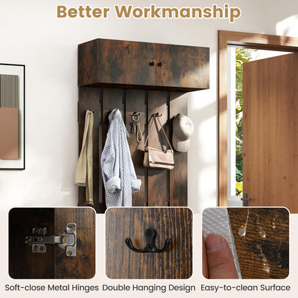 Dreamade Wall Mounted Coat Rack 2-in 1 Hall Tree w/ 5 Double Hooks & 2-Door Cabinet