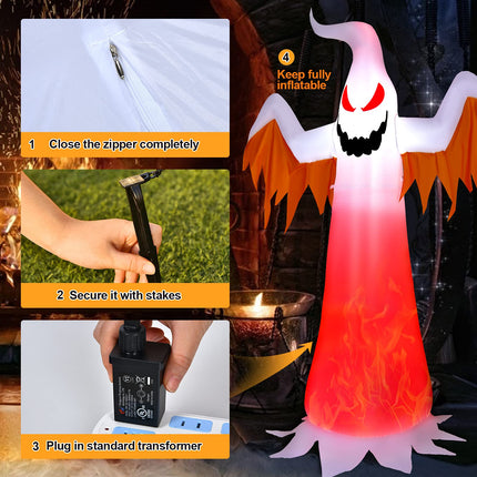 DREAMADE 8FT Halloween Inflatable Ghost with Rotating Flame Red LED Lights