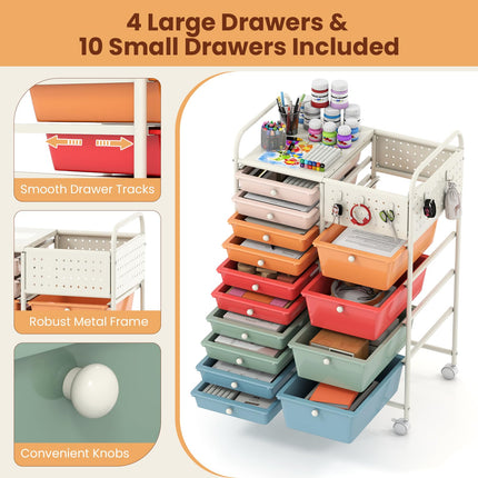 Dreamade 14 Drawer Storage Cart | Rolling Craft Cart with Metal Tabletop & Pegboard