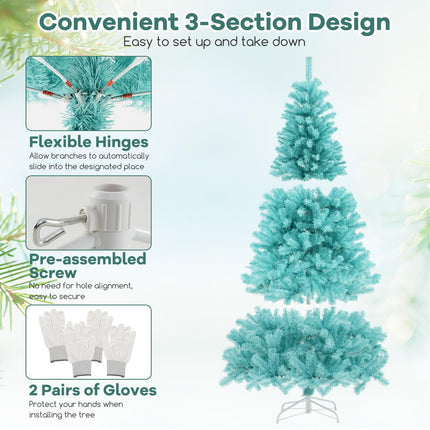 Dreamade 6/7 FT Blue Pre-Lit Christmas Tree, Artificial Hinged Xmas Full Tree with 280/380 Warm White LED Lights