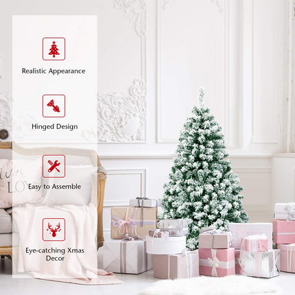Dreamade 4.5ft / 6 ft / 7.5ft Artificial Snow Flocked Christmas Tree, Pre-Lit Snowy Hinged Xmas Tree with Led Lights and Metal Stand - DreamadeUS