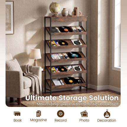 Dreamade 6-Tier Industrial Tall Bookcase with Angled Shelves and Metal Frame