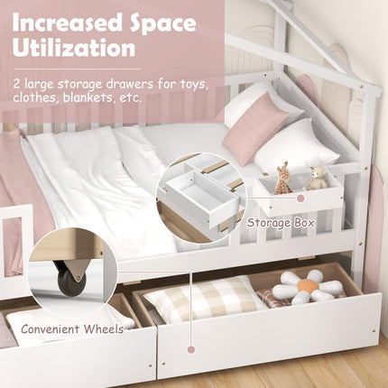 Dreamade Twin House Bed with Drawers, Wooden Twin Bed Frame with Cube Storage & Fence Rails