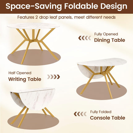 Dreamade Folding Dining Table for 4-6 People 47" Round Drop Leaf Table with Metal Frame