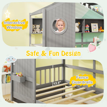 Dreamade Twin House Bed with 2 Storage Drawers, Kids Bed Frame with Storage Cubes, Montessori Bed with Fence Guardrails & Roof