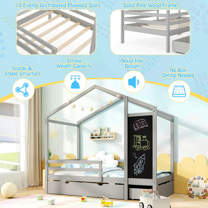 Dreamade Twin Bed with 2 Storage Drawers, Solid Wood House Bed with Blackboard & Safety Guardrails