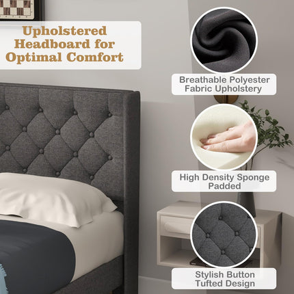 Dreamade Queen/Full/Twin Size Bed Frame with Button Tufted Headboard, Modern Fabric Upholstered Platform Bed with Wingback Design, Grey