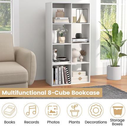 Dreamade 8-Cube Bookcase, White Cubby Bookshelf w/Back Guardrail & Anti-Tipping Kits