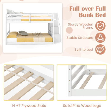 Dreamade Bunk Bed with Stairs, Solid Wood Floor Bunk Bed with Storage Staircase & Full-Length Guardrails