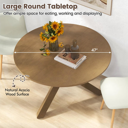 Dreamade 47" Round Dining Table, Mid Century Modern Round Kitchen Table w/Solid Acacia Wood Legs, Adjustable Foot Pads